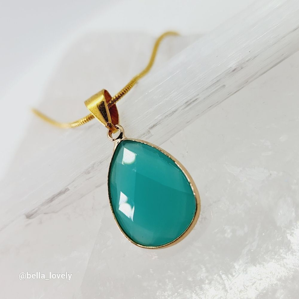 Wrapped Faceted Blue Jade Teardrop Necklace Gold Toned Jewelry Gift